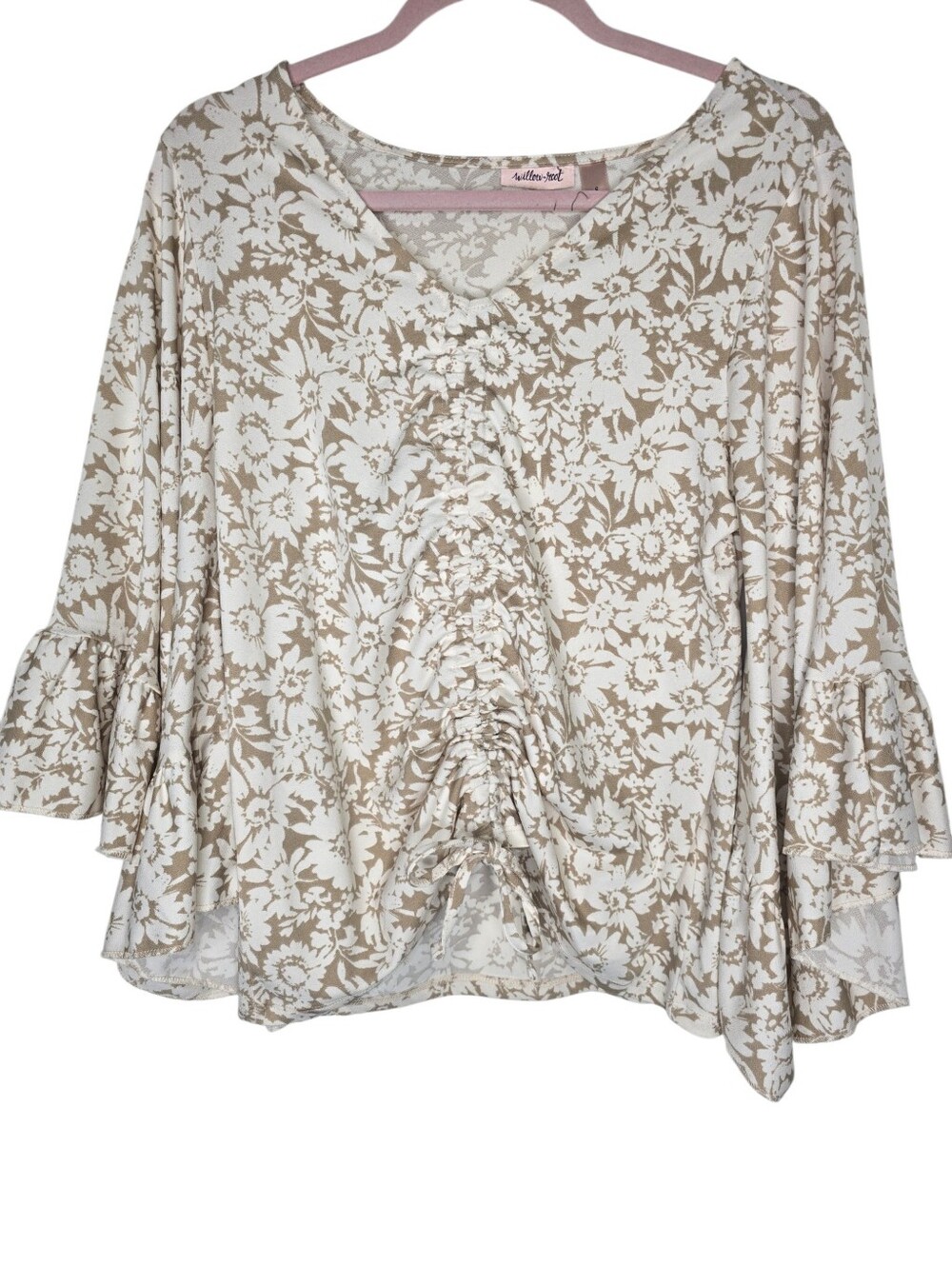 Willow & Root Floral Boho Ruffle Bell Sleeve Ruched Drawstring V-Neck Blouse